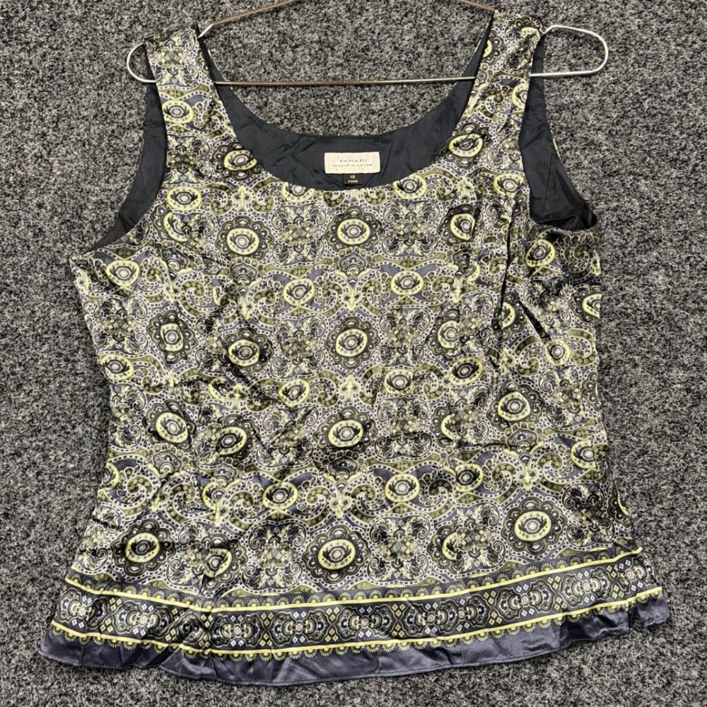 Tahari Silk Tank Top Women 10 Green Grey Paisley Sleeveless Blouse Side Zip Luxe